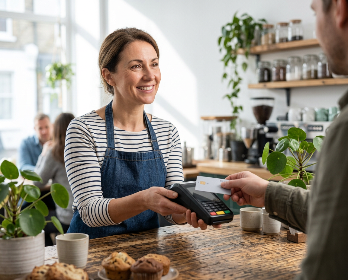 Cafe owner smiling as she presents a card reader to a customer